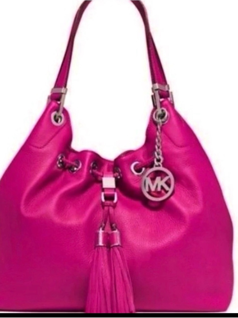 Michael Kors Pink Leather Drawstring Shoulder Bag – MK Charm – Great Condition